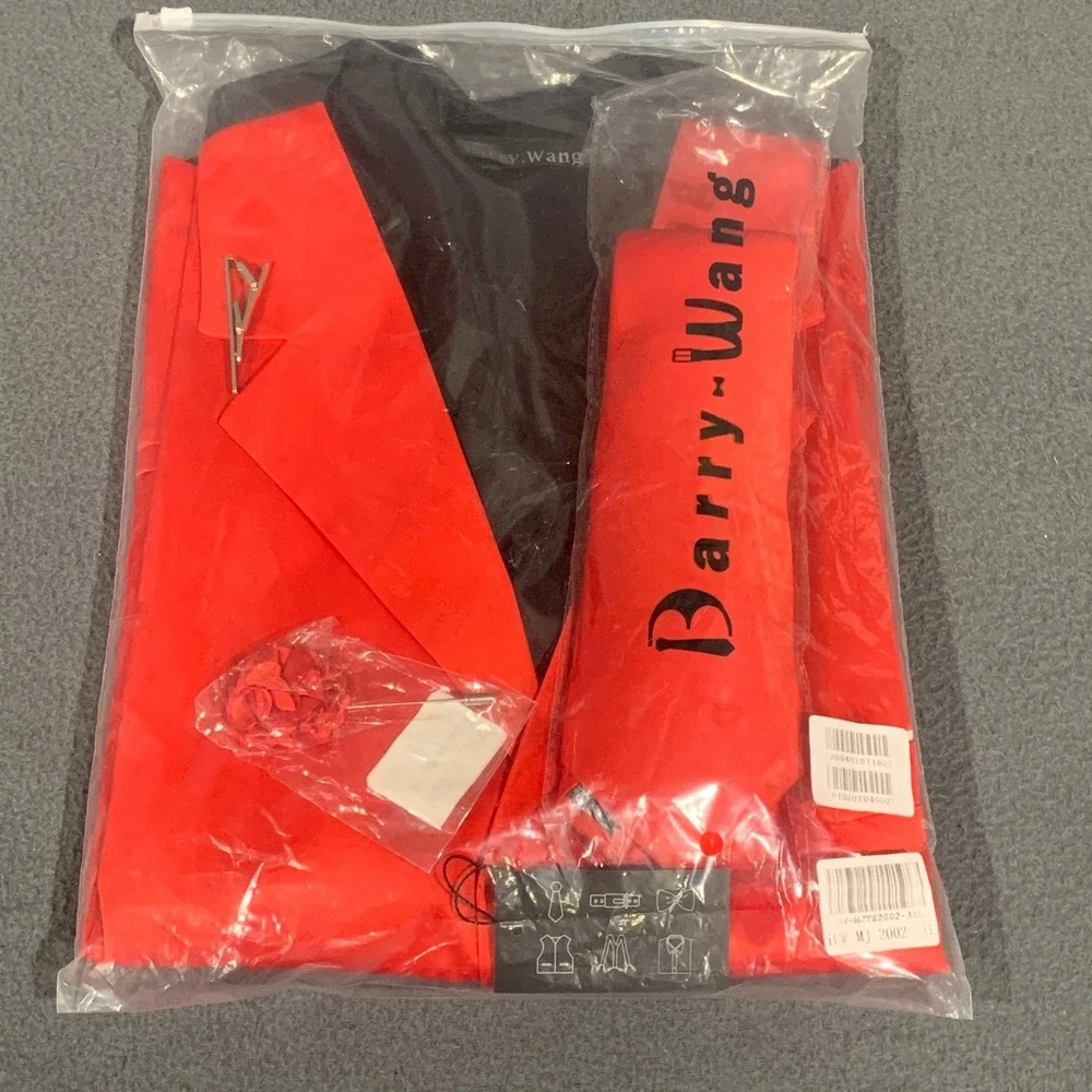 Barry.Wang Vest Set Men XXXL Red Silk Tie Bowtie Cufflinks Formal Wedding Suit
